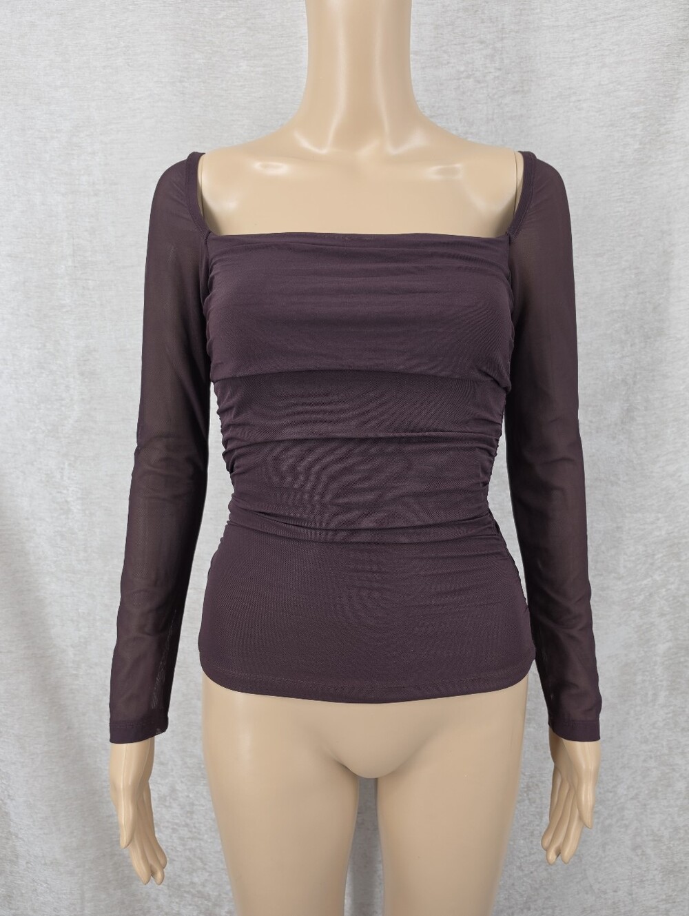 Y2K Vintage Chocolate Brown Mesh Ruched Bodycon Top Square Neckline